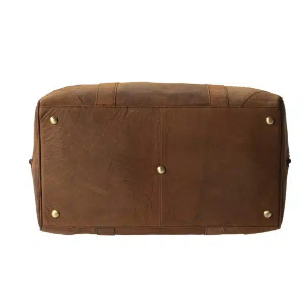 bottom of hunter leather holdall showing metal feet