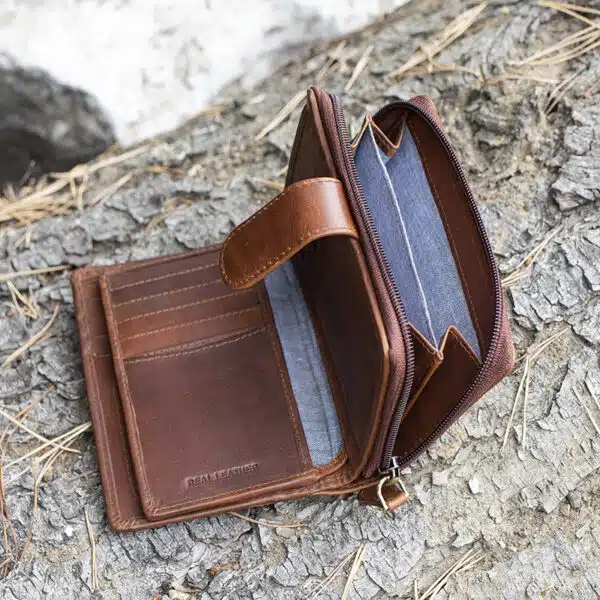 ladies purse in brown shot on a log background