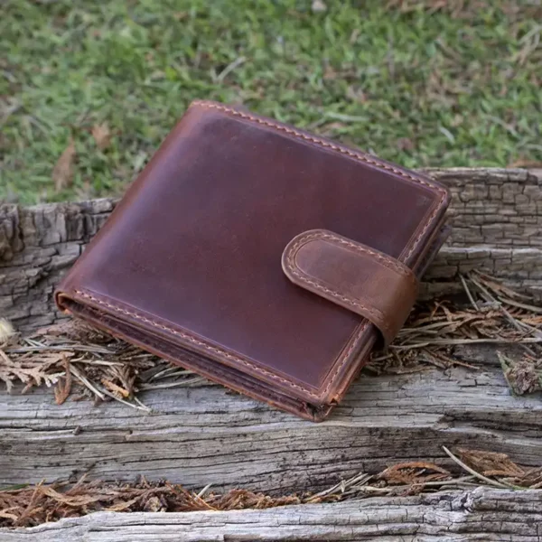 Brown Oiled Leather Bifold Tab Wallet