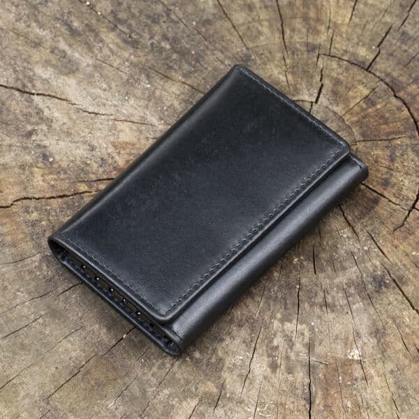 Luxury black leather popper key holder wallet with 6 hooks and zip pocket – Woodland Collection
