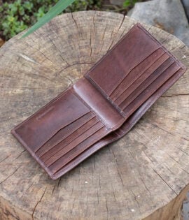 Luxury brown leather bifold wallet with distressed finish from Woodland Collection