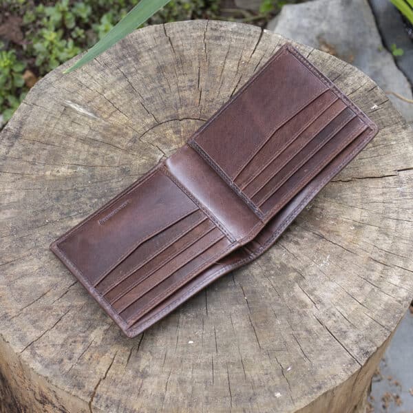 Luxury brown leather bifold wallet with distressed finish from Woodland Collection
