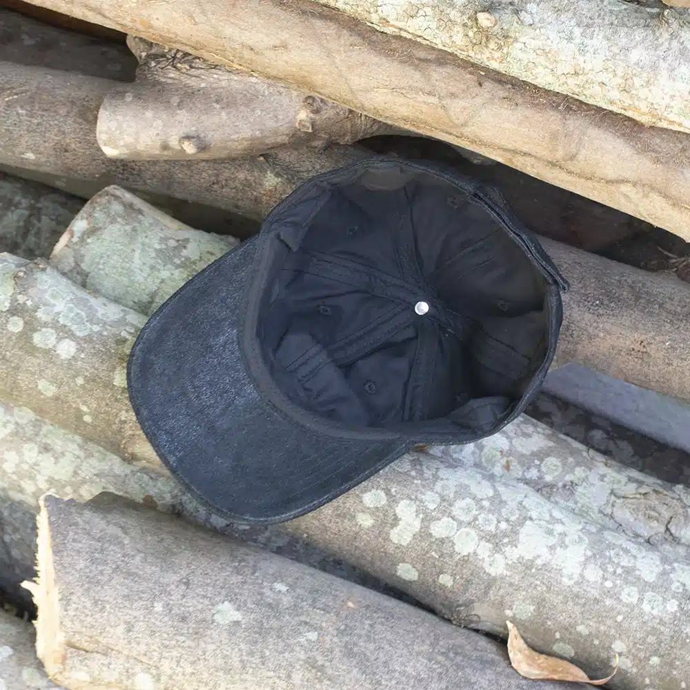 black leather hat showing the black cotton lining