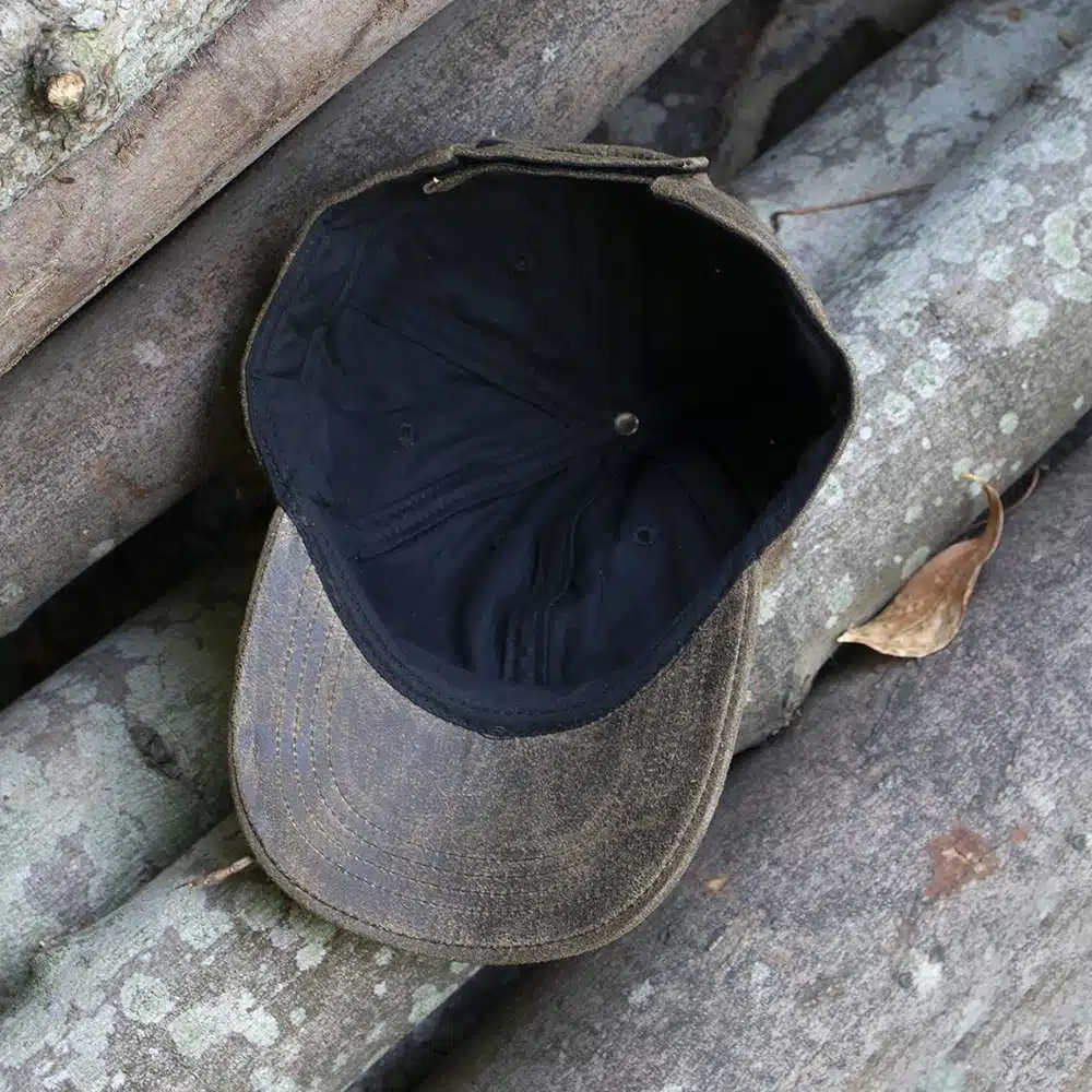 wombat outdoor brown leather baseball cap showing the black cotton lining