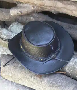 wombat the west black and brown leather cowboy hat rear view