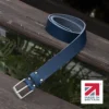 blue handmade in britain leather belt on a wooden step