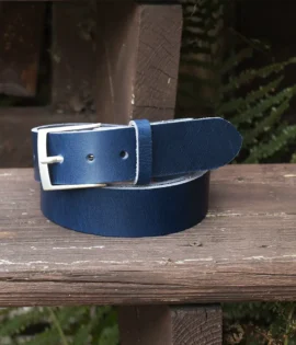 premium blue english hide leather belt on a wooden step