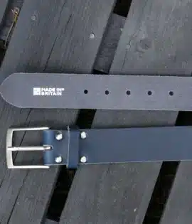 premium blue english hide leather belt on a wooden step showing made in britain stamp