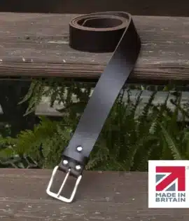 CHOCOLATE BROWN handmade in britain leather belt on a wooden step