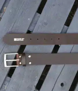 premium brown english hide leather belt on a wooden step showing made in britain stamp