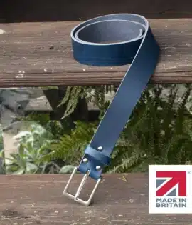 blue handmade in britain leather belt on a wooden step