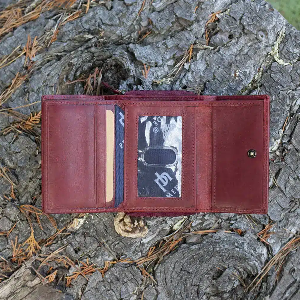 Vintage Purse: The Wombat Artisan Range Women’s Leather Purse – a timeless blend of luxury, durability, and elegance. Bordeaux trifold wallet RFID safe