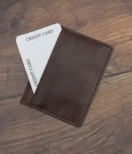 Personalized Italian Leather brown Slim Card Holder wallet - by wombat outdoor showing external pocket