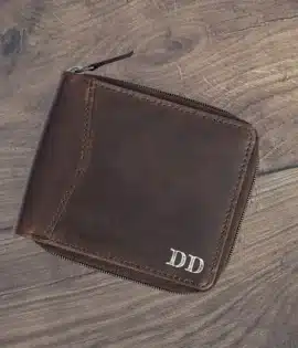 mens rugged brown oiled leather wallet zip around style personalised