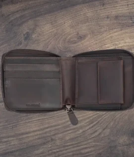 men’s leather wallet, zip-around wallet, RFID blocking wallet, oiled leather wallet, men’s travel wallet, handcrafted leather wallet, Wombat Leather