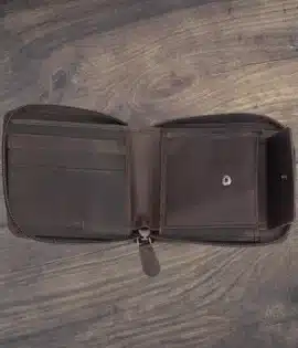 men’s leather wallet, zip-around wallet, RFID blocking wallet, oiled leather wallet, men’s travel wallet, handcrafted leather wallet, Wombat Leather