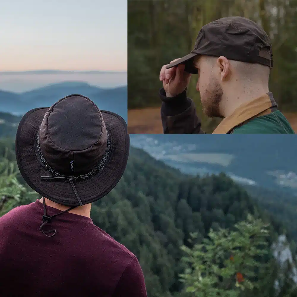 The Wilderness brown waxed cotton hat with matching Forest cap