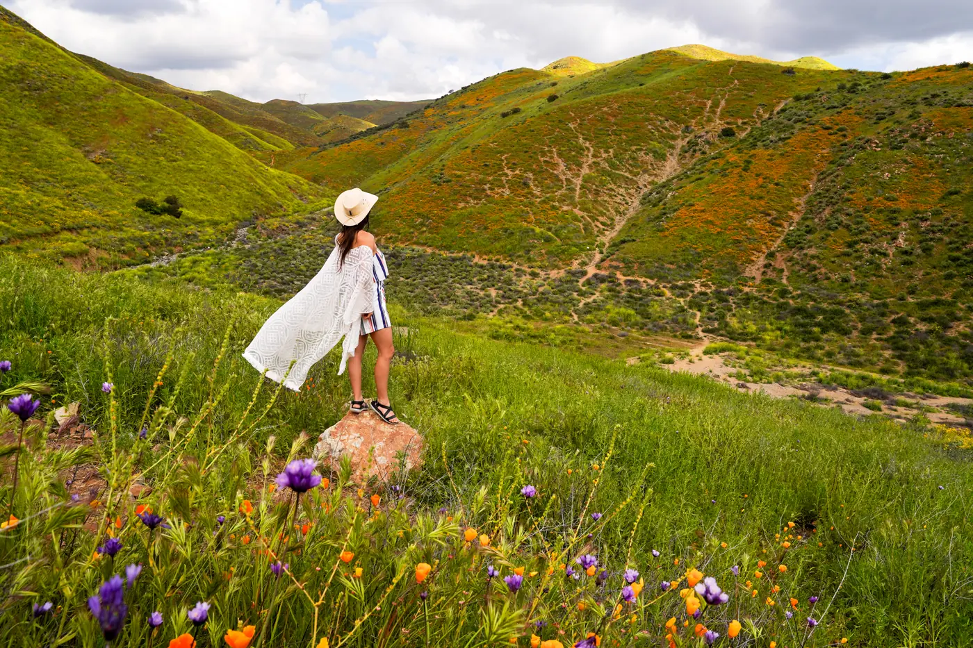 Woman in a light hat exploring green hills and wildflowers