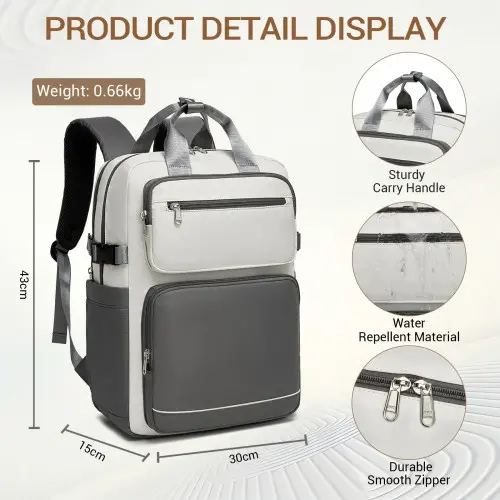 Water-Resistant Laptop Backpack 15.6" – Grey & Beige Travel & Work Bag - Image 6