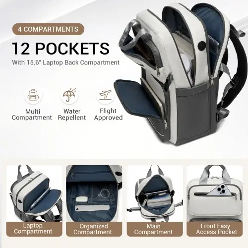 Water-Resistant Laptop Backpack 15.6" – Grey & Beige Travel & Work Bag - Image 7