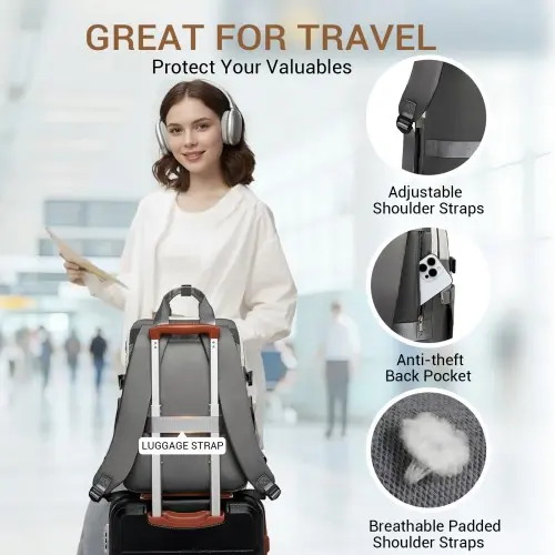 Water-Resistant Laptop Backpack 15.6" – Grey & Beige Travel & Work Bag - Image 8
