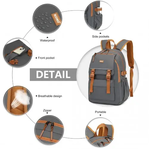 Kono Urban Water-Resistant Backpack – Grey & Brown - Image 8