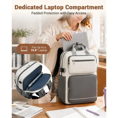 Water-Resistant Laptop Backpack 15.6" – Grey & Beige Travel & Work Bag - Image 9